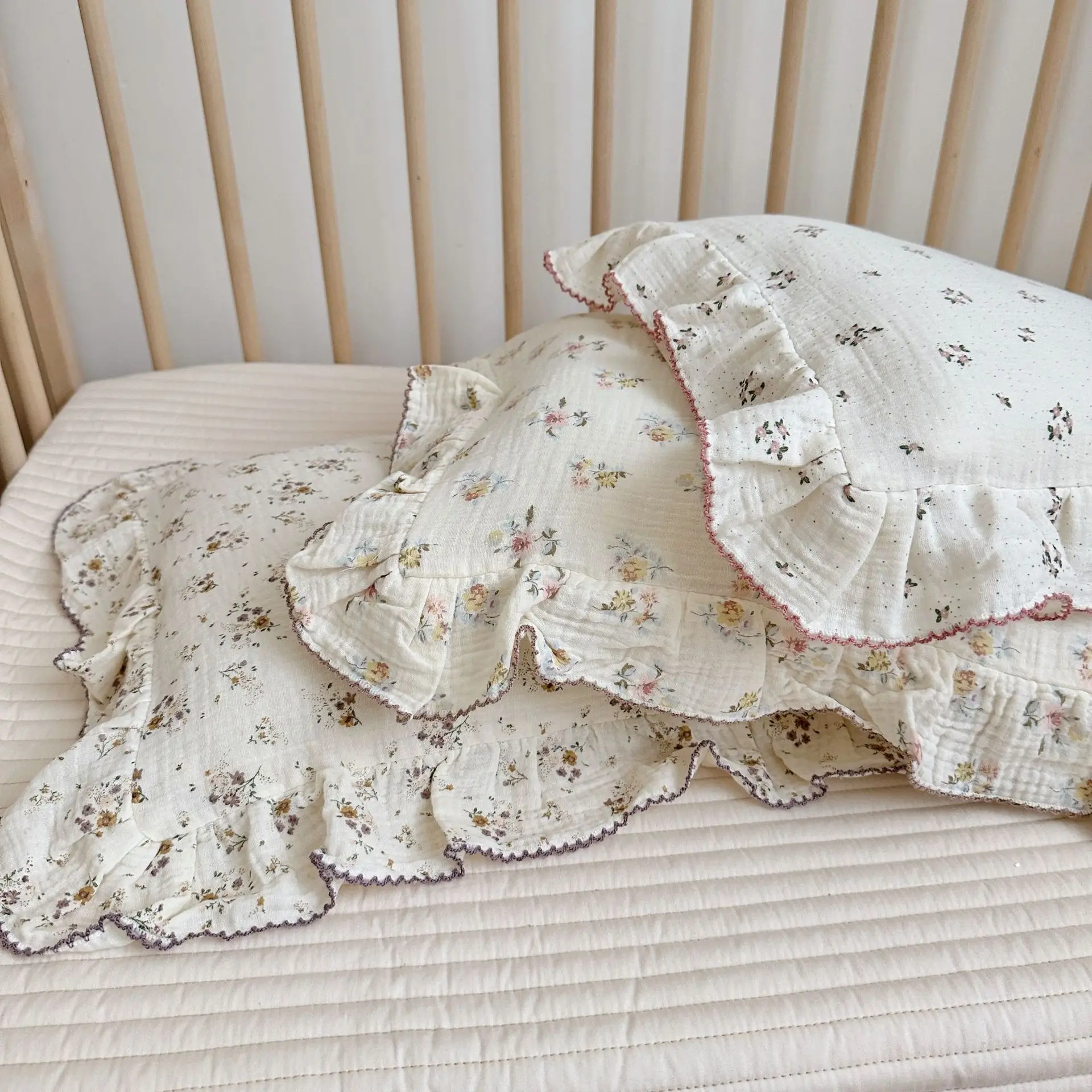 Popxstar  2pcs Flower Prints Ruffles Pure Cotton Pillowcases 48x74cm Sizes Cushion Cover for Bed Floral Style Pillowslip