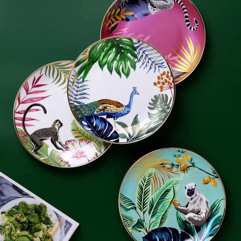 Dinnerware Set Colorful Forest Animal Design Plate Steak Tray Flat Plate Ceramic Tableware 8inch Dish Christmas Gift Gold Rim