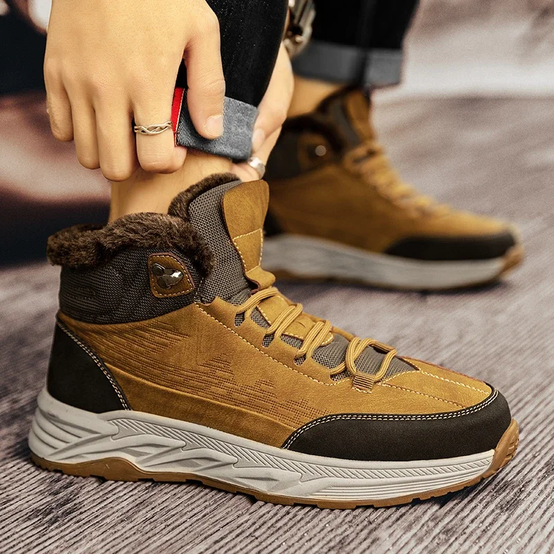 

Мужские высокие кроссовки на шнуровке, зимние плюшевые теплые массивные кроссовки, нескользящая и износостойкая обувь для походов, новинка 2023