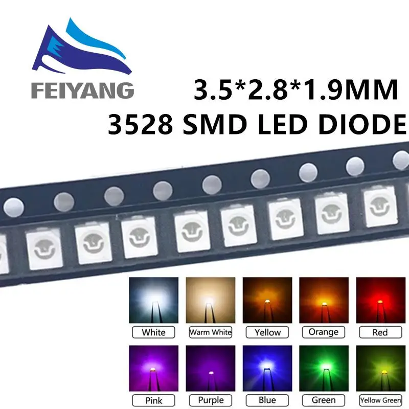 100pcs Super Bright 3528 1210 SMD LED Red/Green/Blue/Yellow/White Diode 3.5*2.8*1.9mm Pink UV Purple Orange Ice Blue Warm | Электронные
