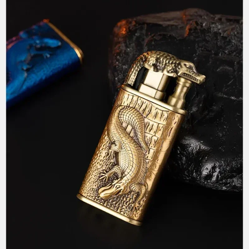 Creative 3D Embossed Crocodile Double Fire Lighter Metal Windproof Jet Fire Open Flame Convertible Gas Lighter Gift butane gas lighter cigarette lighter