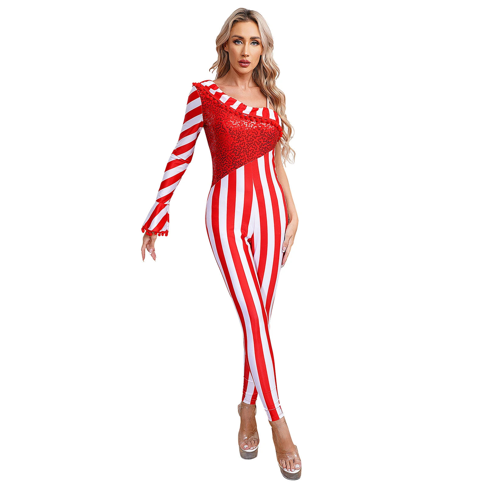 

Womens Christmas Candy Cane Jumpsuit Shiny Sequins Ballet Dance Gymnastics Leotard Bodysuit One Shoulder Xmas New Year Costume