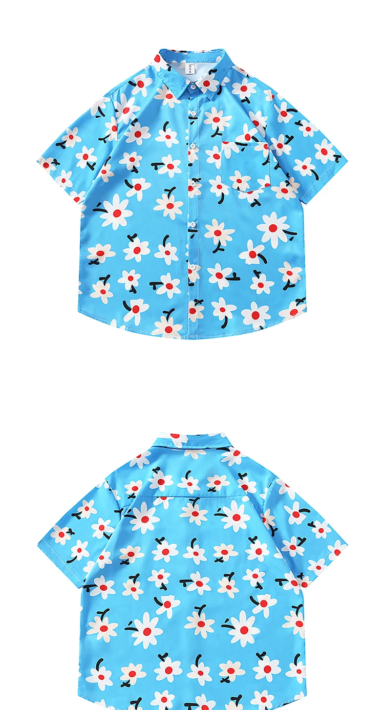 Description Picture 3 of itemMen Women Hawaiian Floral Print Short-sleeved Lapel Shirts Trendy Summer Beach Seaside Vacation Style Loose Casual Blouse Tops