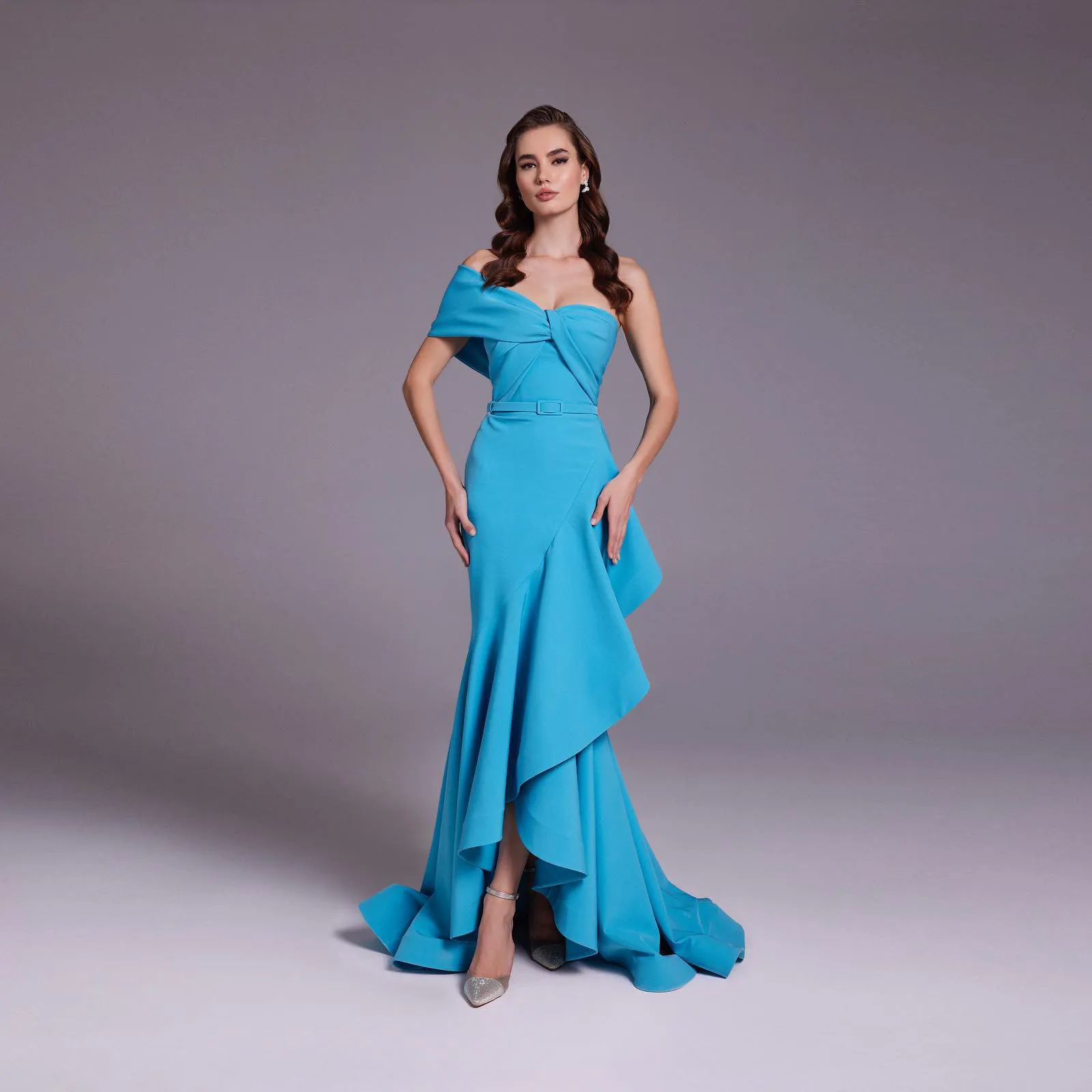 

Elegant Blue Mermaid Party Dresses Strapless Asymmetrical Sleeves Side Slit Floor Length Belt Pleated Ruffles Prom Evening Gowns