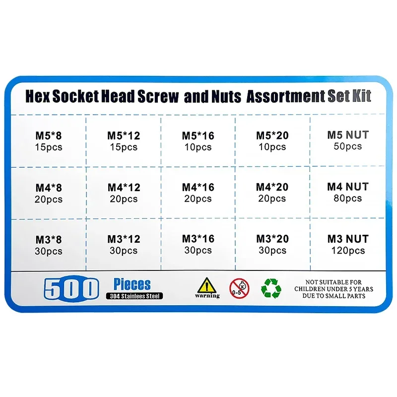 500pcs/Box M3 M4 M5 12Sizes Allen Hexagon Hex Socket Head Cap Flat Countersunk Screw Bolt Nut Set Kit Box 304 A2 Stainless Steel