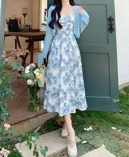 

Fashion Womens Two Sets 2024 Spring Summer New Floral Dressess and Blue Cardigan Sets Holiday Vacation Beach Girls Long Dress