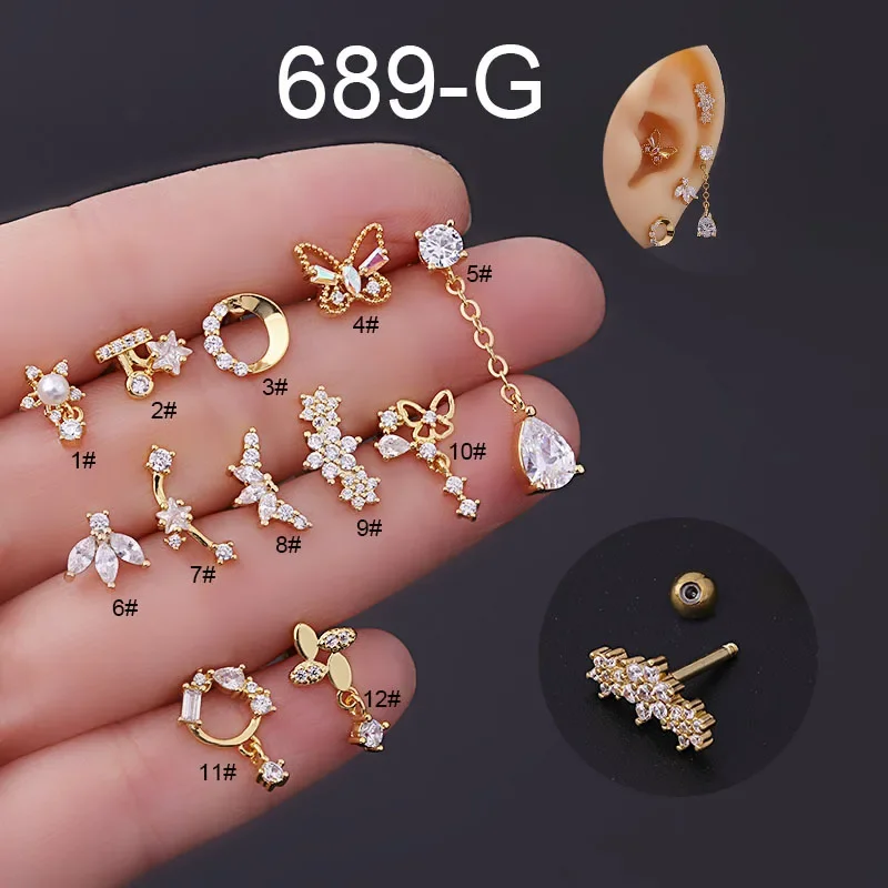 1Pair 16G Piercing Stud Earrings for Women Fashion Jewelry Stainless Steel Butterfly Flower Zircon Ear Cuff for Teens