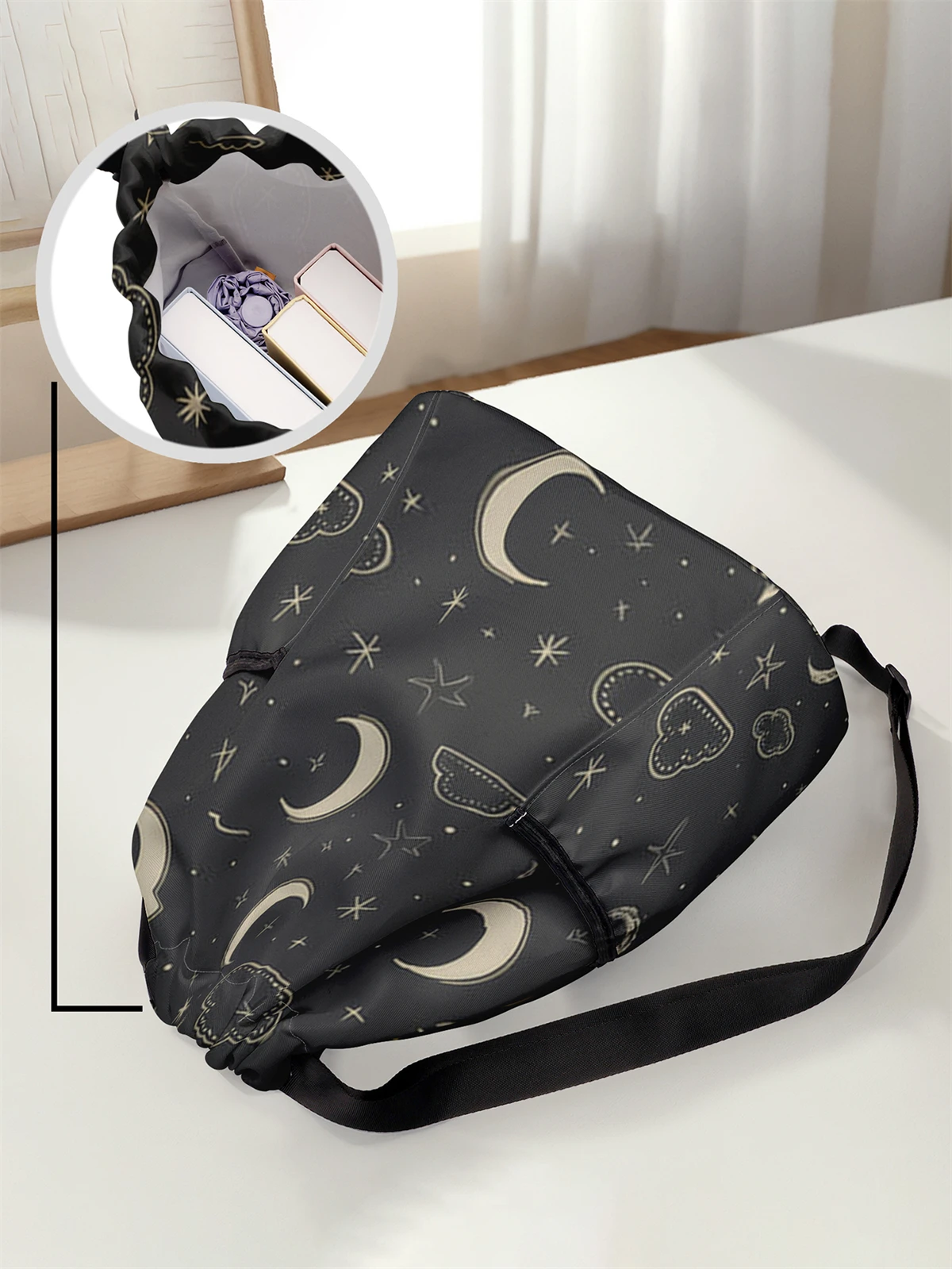 Moon and Star Pattern Drawstring Backpack - Large Capacity Durable Fitness Bag, Adjustable Shoulder Strap, Sports Beach Backpack