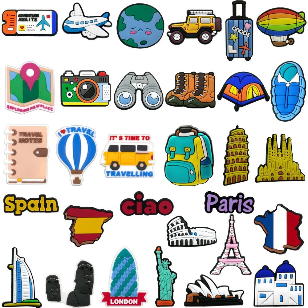 1/30pcs World Travel Shoe Charms for Women Men Kids Spain France USA Casual Vacation Shoe Accessories Decorations Sun Beach Pins