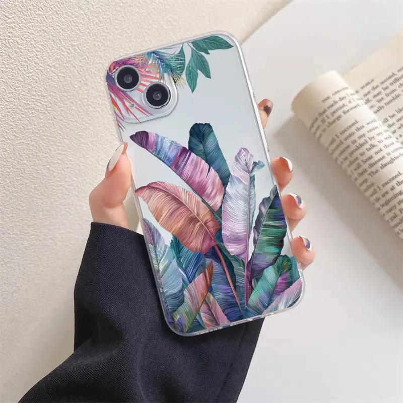 Floral Palm Leaf Painted Soft Silicone Phone Case - Ultra Clear and Durable Design