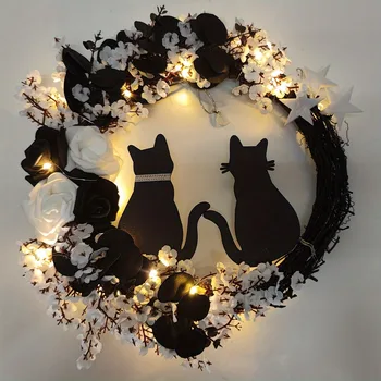 Black Cat Wreath Halloween Decor for Home, Spooky Halloween Decorations Crescent Wreath for Front Door Window Home Holiday Party 1