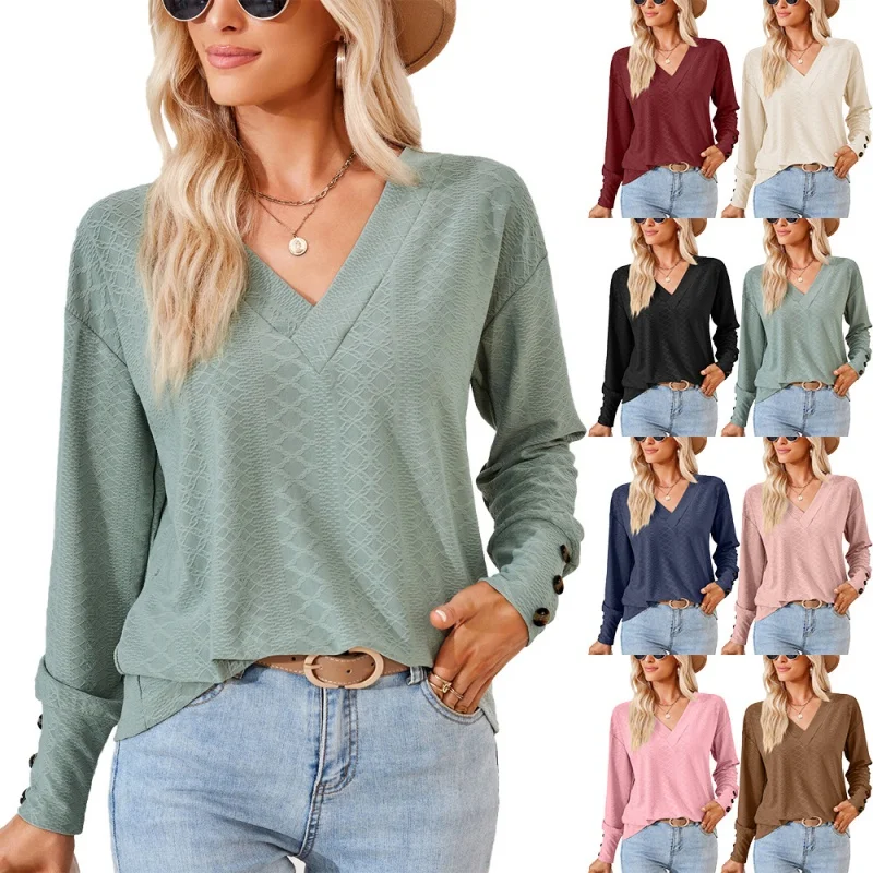 

Autumn and Winter New Solid Color and V-neck Jacquard Button Loose-Fitting T-shirt Top Women's Clothing