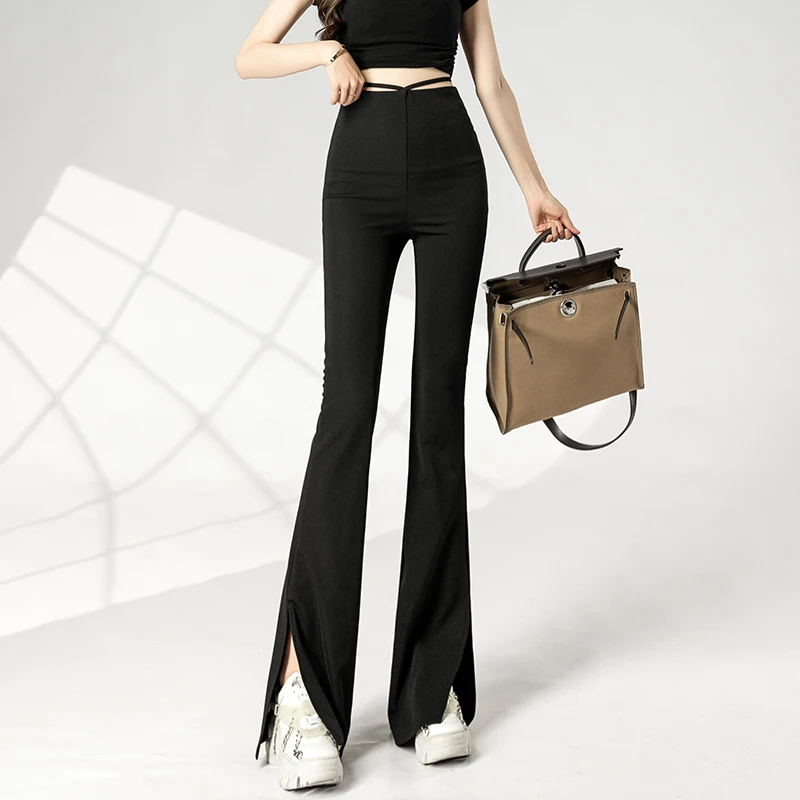 Black Split Skinny Dress Pants  Side Slit Pants Elastic Waist