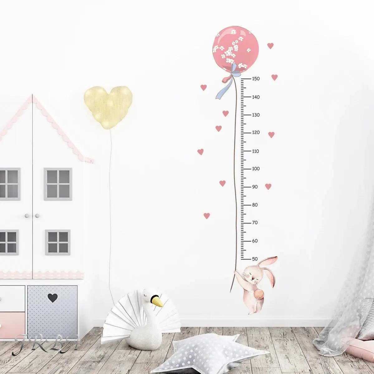2Pcs Cartoon Rabbit Balloon Height Measurement Wall Stickers for Kids Room Bedroom