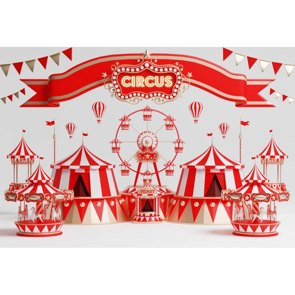 AI Painting Circus Carnival Backdrop Ferris Wheel Red Tent Baby Birthday Party Decor Photography Background Newborn Photo Studio