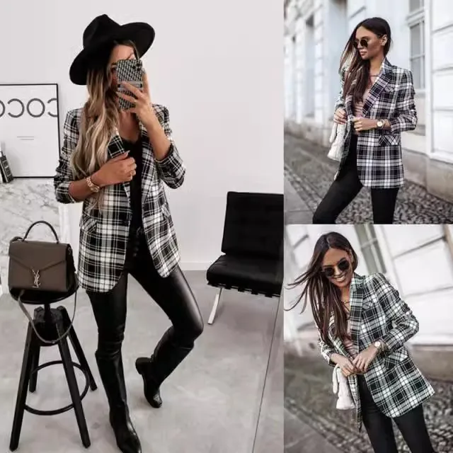 Women's New Long sleeved Double breasted Suit Plaid Coat Loose and Personalized Versatile Commuter Clothing