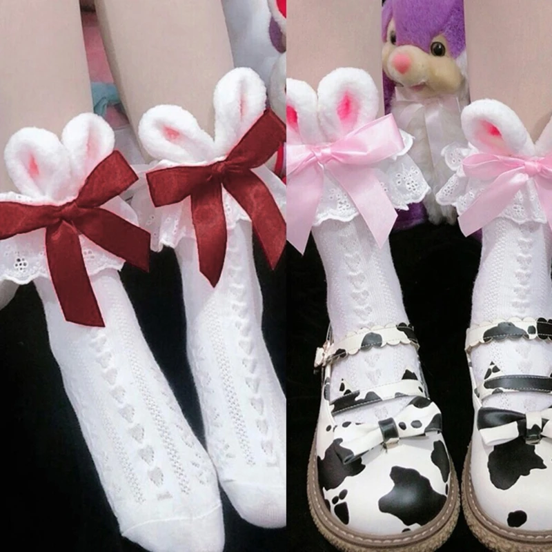 로리타 카와이 토끼 귀면 양말 여자 여자 프릴 레이스 리본 보우 양말