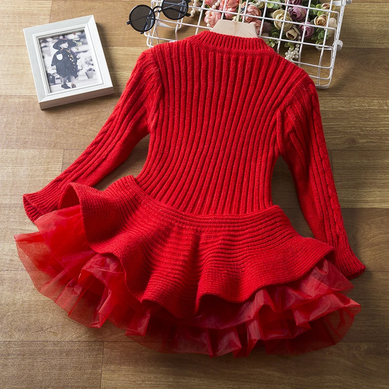 Long Sleeve Girls Winter Dress for 3-8 Years 2025 New Knitted Sweater Outfits Red Christmas Party Dress for Girls Kids Costume