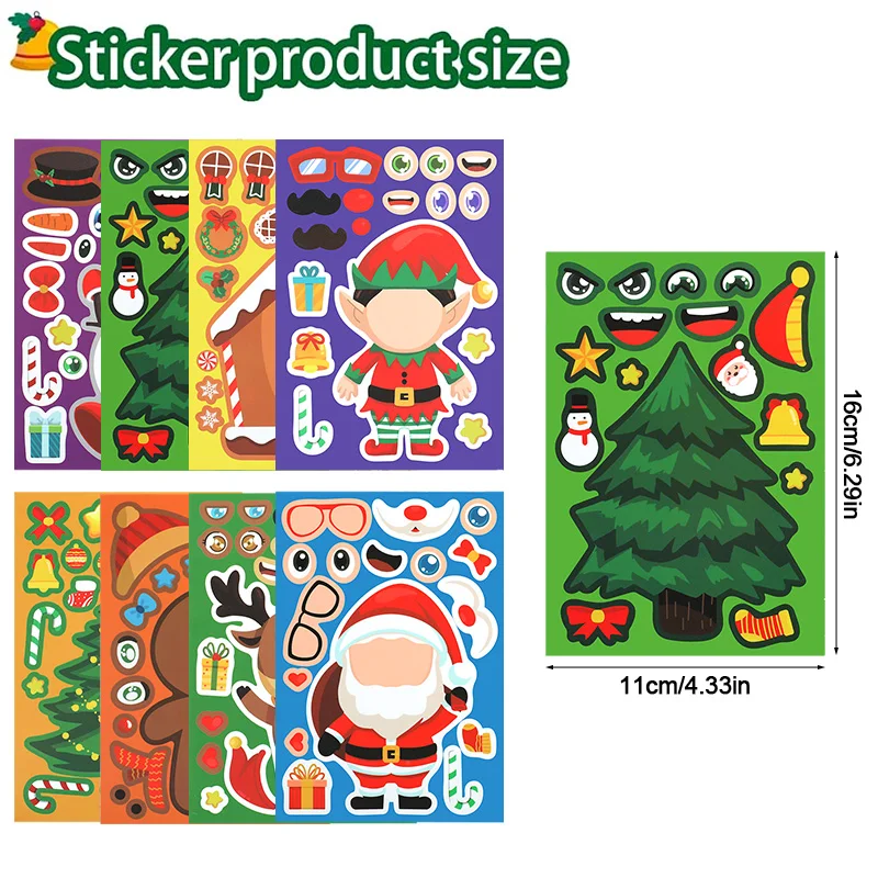 8/16Sheets Christmas Puzzle Stickers Santa Snowman Xmas Tree Make a Face Sticker Kids Party Favors Toy Gift New Year Decoration