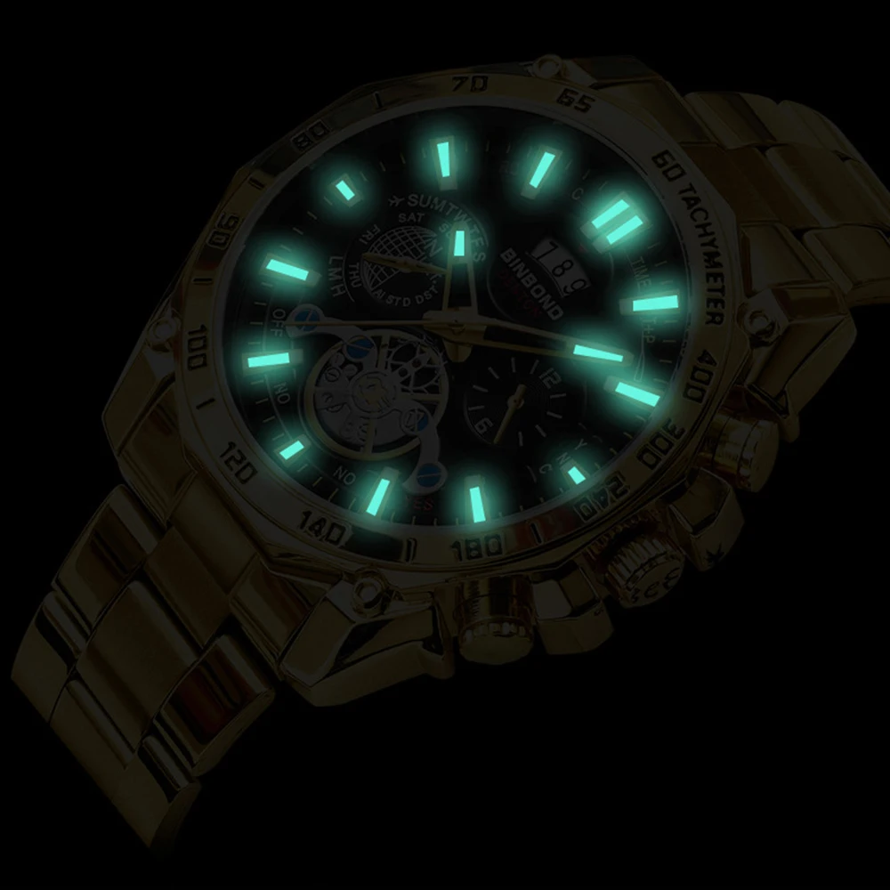 Free Shipping Gold Quartz Men's Watches Fashion Sports Wristwatch Date Luminous Male Clock Tourbillon Decoration Students' Watch