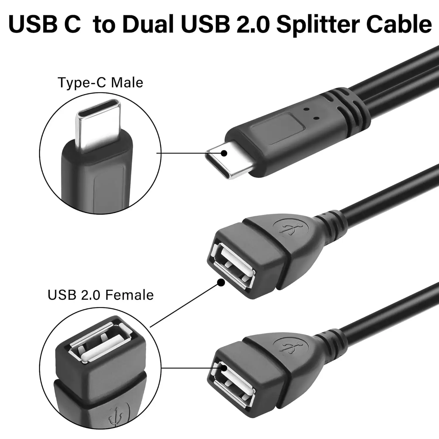 USB C타입(수) - 듀얼 USB 2.0 A타입(암) Y형 분배기 충전 어댑터 2 in 1 고속 충전 케이블 (차량용 팬, 휴대폰, LED 조명용)