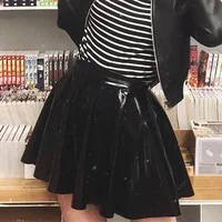 Womens Shiny PVC  Patent Leather Skirt Sexy Wet Look Leather Pleated Skirt Front Bodycon Elastic Latex Mini Short Skirt - Image 4