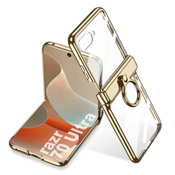 Electroplated Transparent Phone Case with Metal Ring Holder and Hinge Glass Protector for Motorola Razr 70 (Gold)