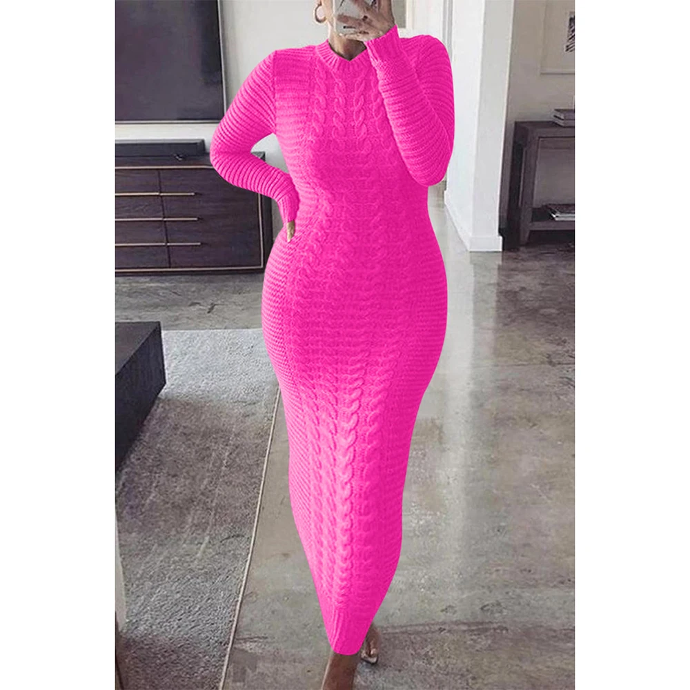 Plus Size Twisted Solid Long Sleeve Bodycon Sweater Maxi Dress
