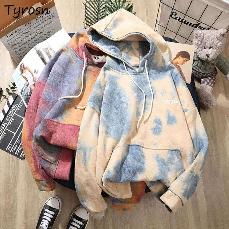 

Tie Dye Hoodies Women Design Loose Korean Fashion Streetwear Hip Hop Thicker Letter Printed Sweatshirts Couples Chic BF Teenager