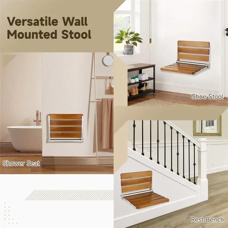 Folding Shower Seat Waterproof Wood Shower Bench Wall Mounted Fold Down Wood Stool Home Care Chair Bench For Pregnants