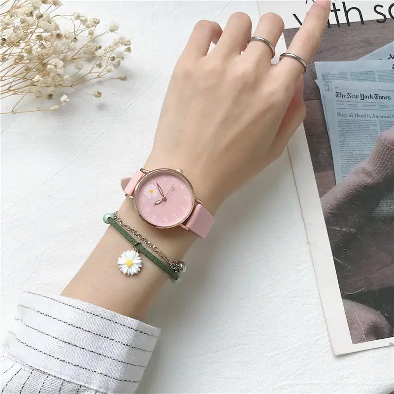 Harajuku Style Daisy Children's Watch Simple Quartz Leather Green Pink Watches for Girls with Bracelet Watch Box Gift Reloj 6