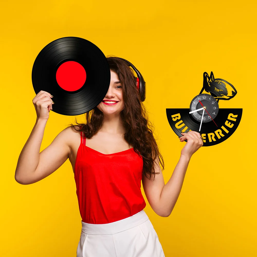 English Bull Terrier Vinyl Record Wall Clock Puppy Animal Home Decor Bullterrier Dog Lovers Retro Music Album Longplay Clock 5