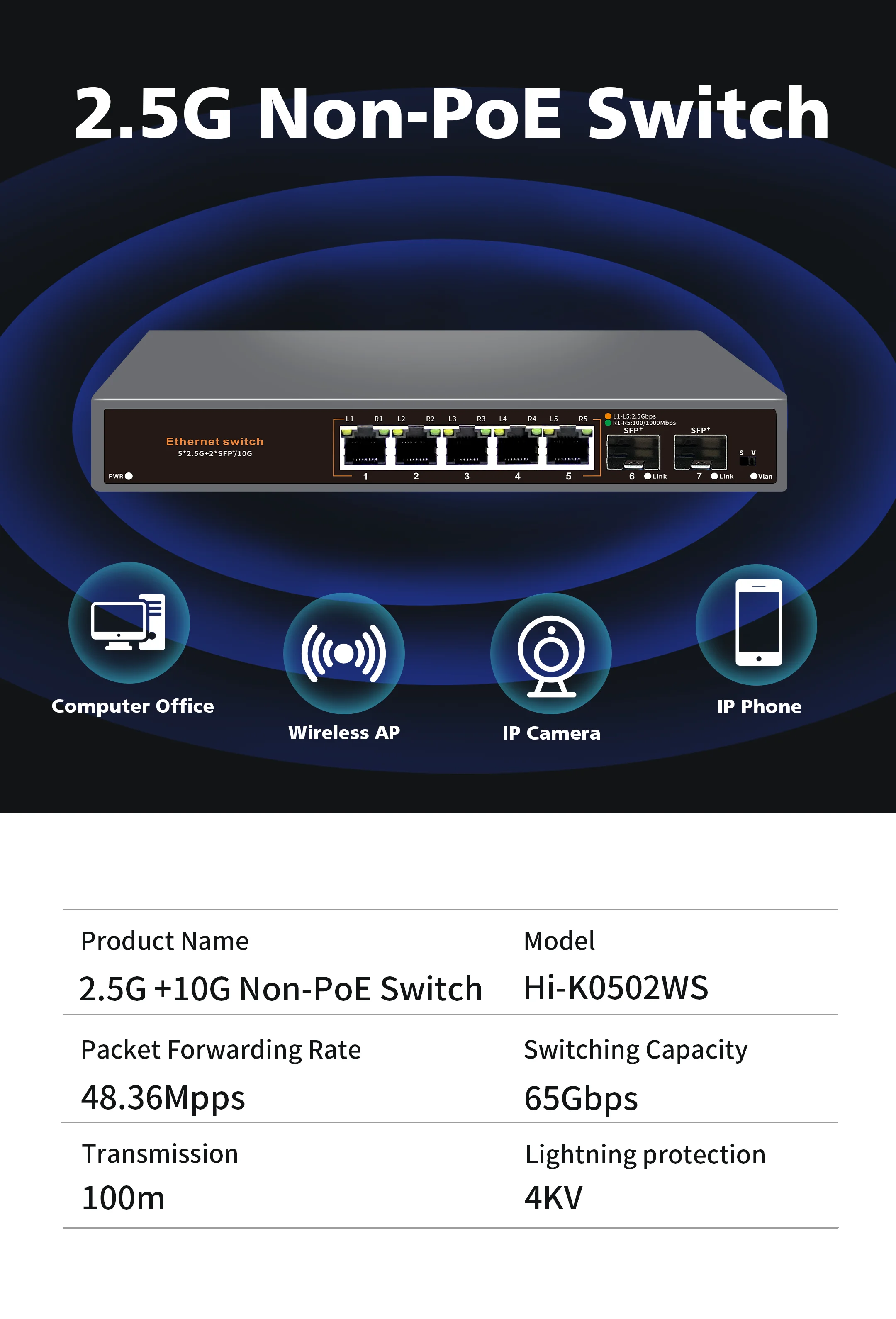 Hisource 2.5G 비관리형 Non-POE 네트워크 스위치 5포트 이더넷 스위치 (2*10G SFP+ 포함)