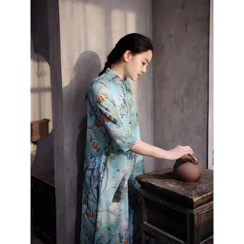 Natural ramie printed linen women's dress DIY hand-stitched designer fabric long skirt dress summer by the meter