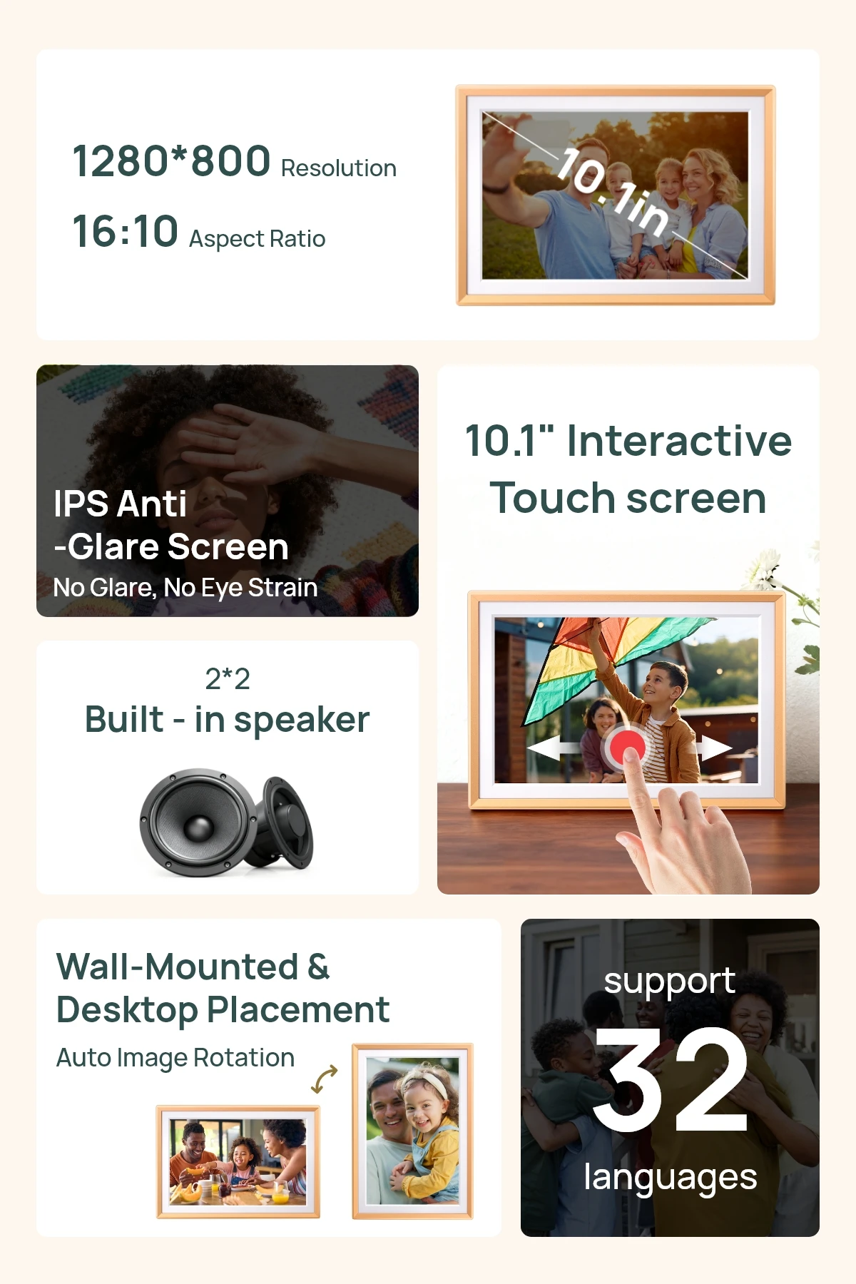 ARZOPA 10.1 Inch Metal Digital Photo Frames WiFi 32GB IPS HD Free Touch Screen Remote Share Photos Videos Auto Rotation,D10 Gold view 2