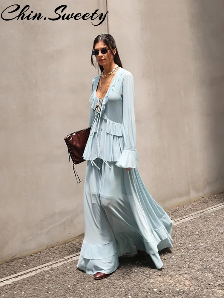 Elegant Women's Ruffle V-Neck Shirt and Pleated Skirt Set