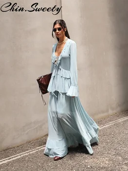 Fashion Women Ruffle Shirts Skirts Set Elegant Long Sleeve V-Neck Shirt Pleated Empire Skirt 2025 Summer Vacation Lady Suit 1