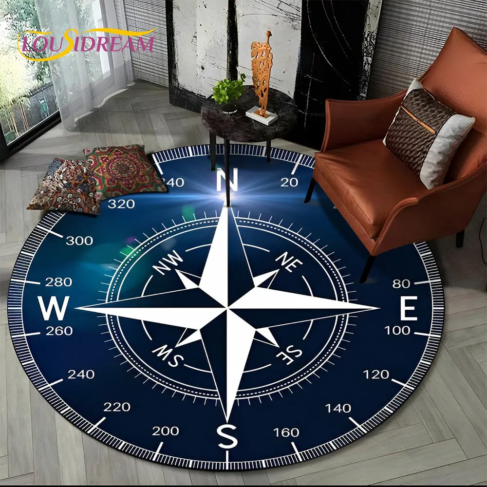 3D Retro Round Non-Slip Circle Area Rug, Tapete para sala de estar, Quarto, Almofada do pé do sofá, Tapete de chão, Presente, Série Bússola