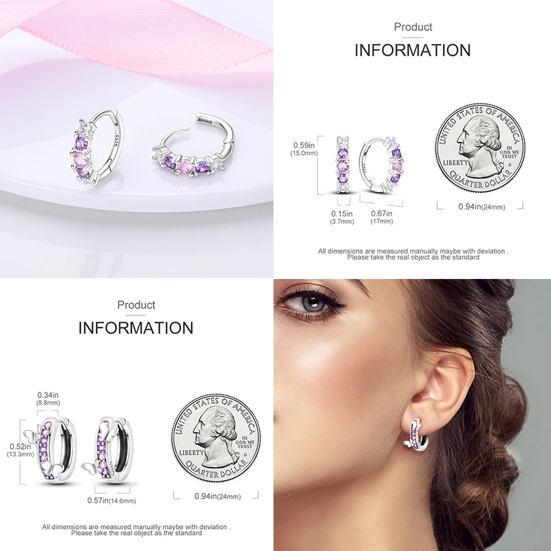 925 Sterling Silver Hoop Earrings Butterfly Pink Purple Romantic Flower Women Earrings For Birthday Engagement Gift silver hoop earrings,silver earrings,hoop earrings,womens earrings