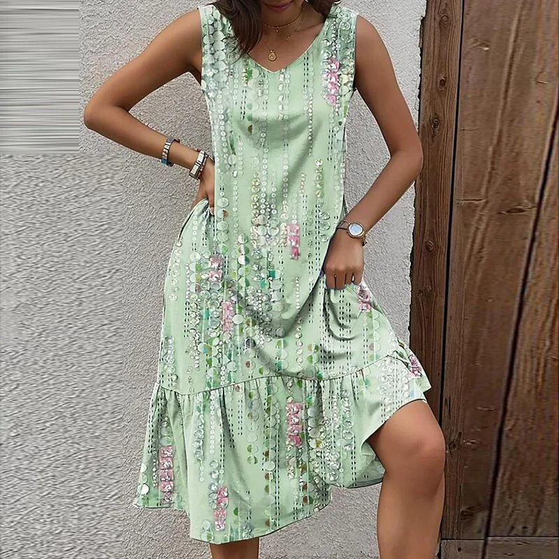 

Sexy Sleeveless Floral Print Party Dress Ladies Elegant Pleated Holiday Vest Dress Summer Bohemian V Neck Hem Long Dress Vestido