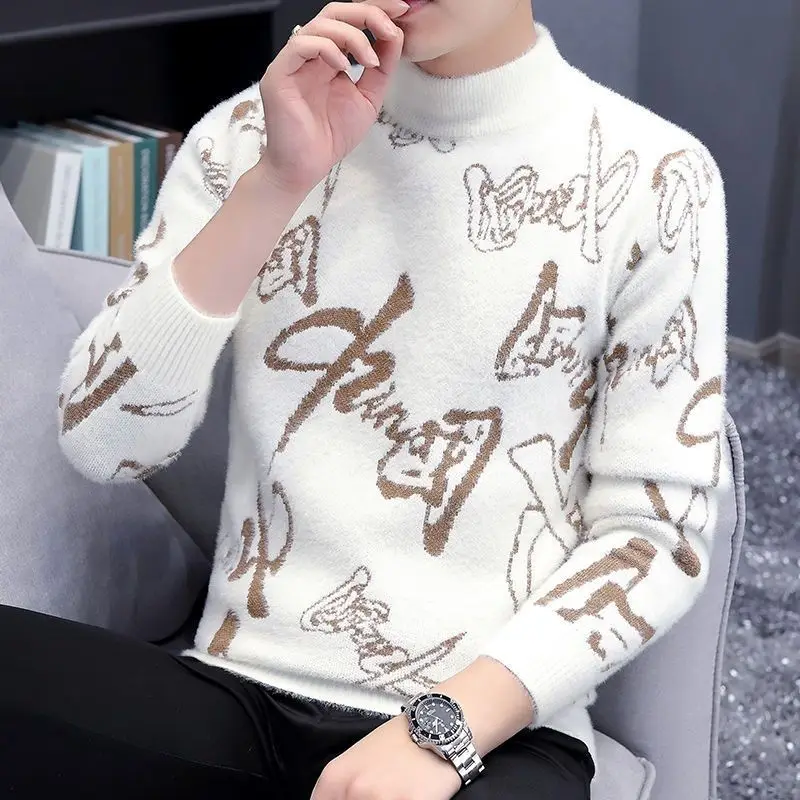 2023 spring autumn new round neck long sleeve irregular patchwork pullovers women casual loose korean style all match y2k tops Fashion Printed Half High Collar Spliced All-match Sweaters Men's Clothing 2023 Spring New Casual Pullovers Loose Korean Tops