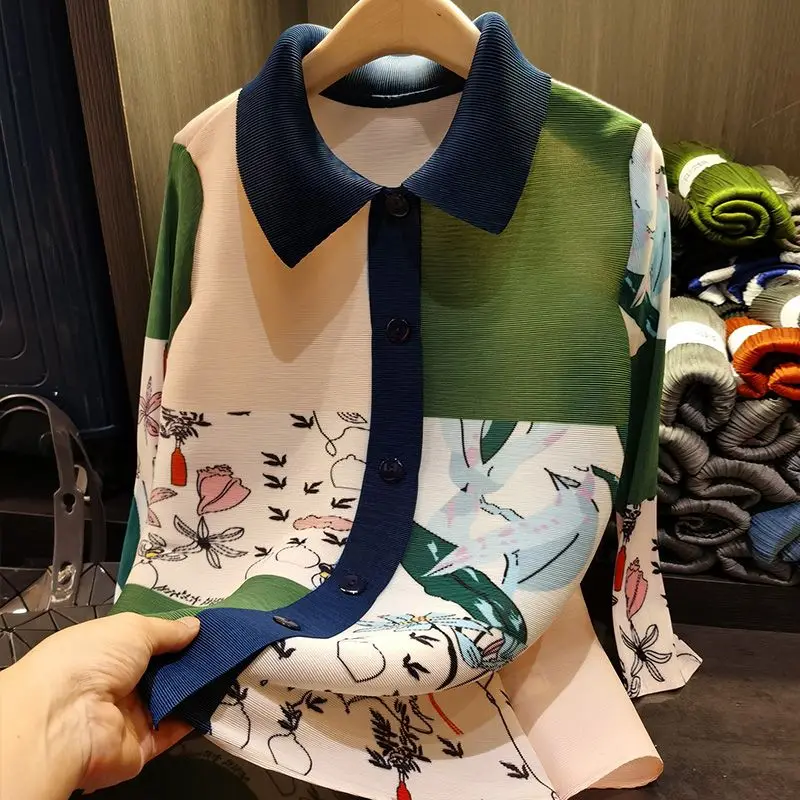 

Женская универсальная блузка, осенняя плиссированная рубашка с цветным принтом, свободная однобортная блузка с длинным рукавом, Женский Топ