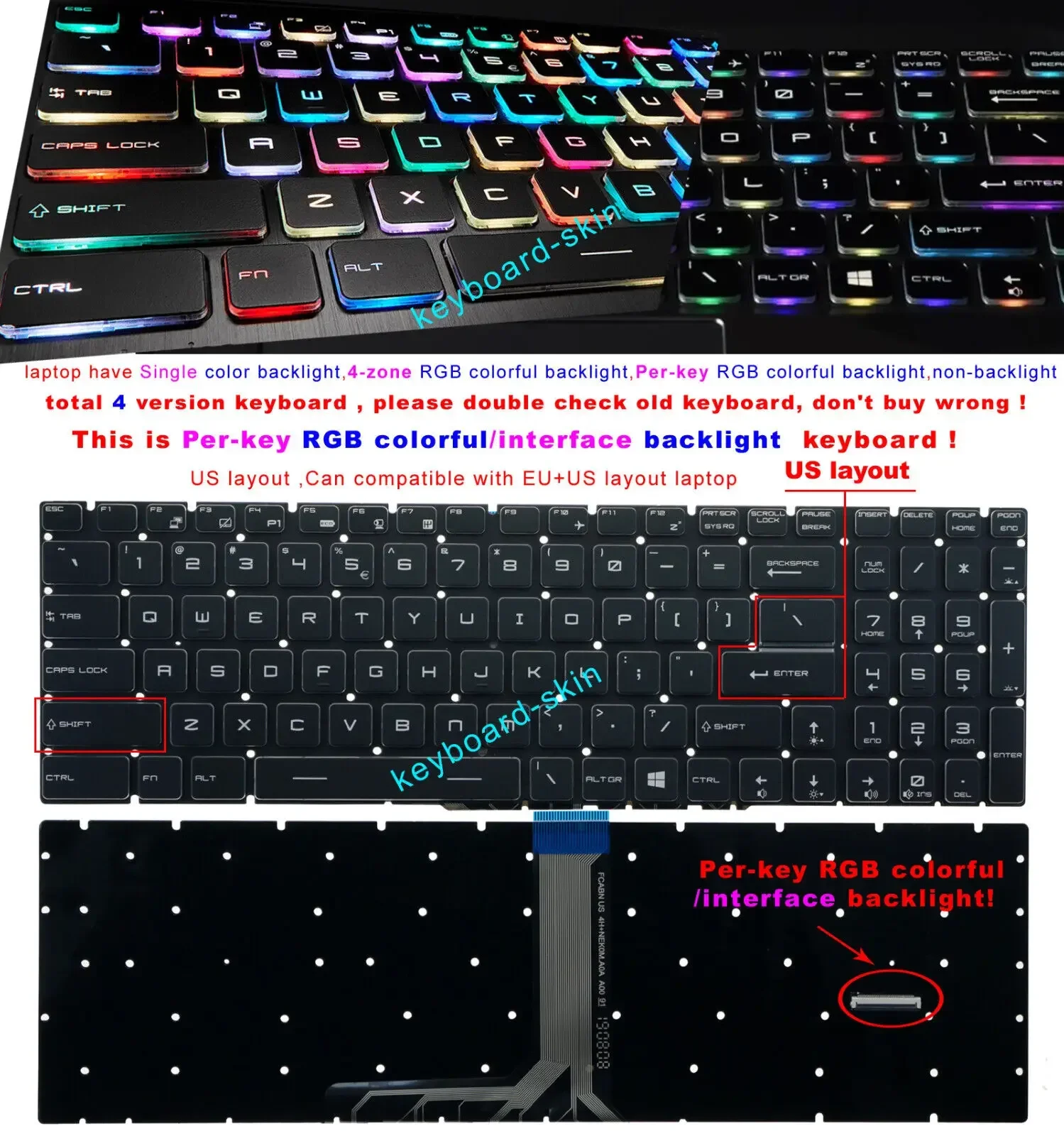 

New US keyboard Colorful Per-key backlit for MSI GE63 GE63VR GE73VR GE73 GE75 Raider RGB 8RD 8RE 8RF GS75 GL75 GX63 GX63VR