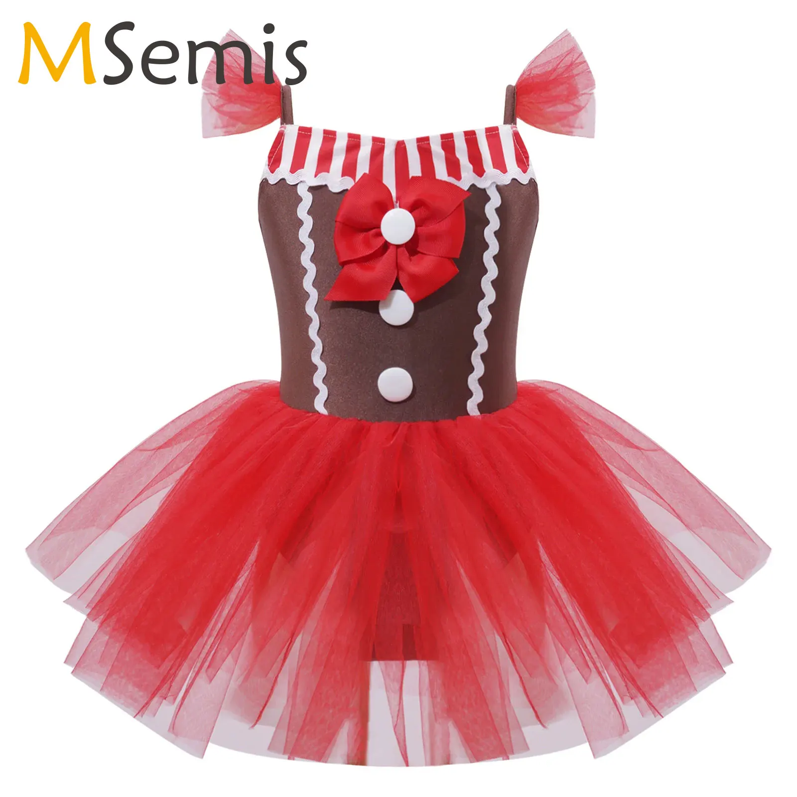 

Kids Girls Christmas Gingerbread Man Costume Teen Christmas Candy Cane Santa Dance Dress Sleeveless Ballet Tutu Dress Dancewear