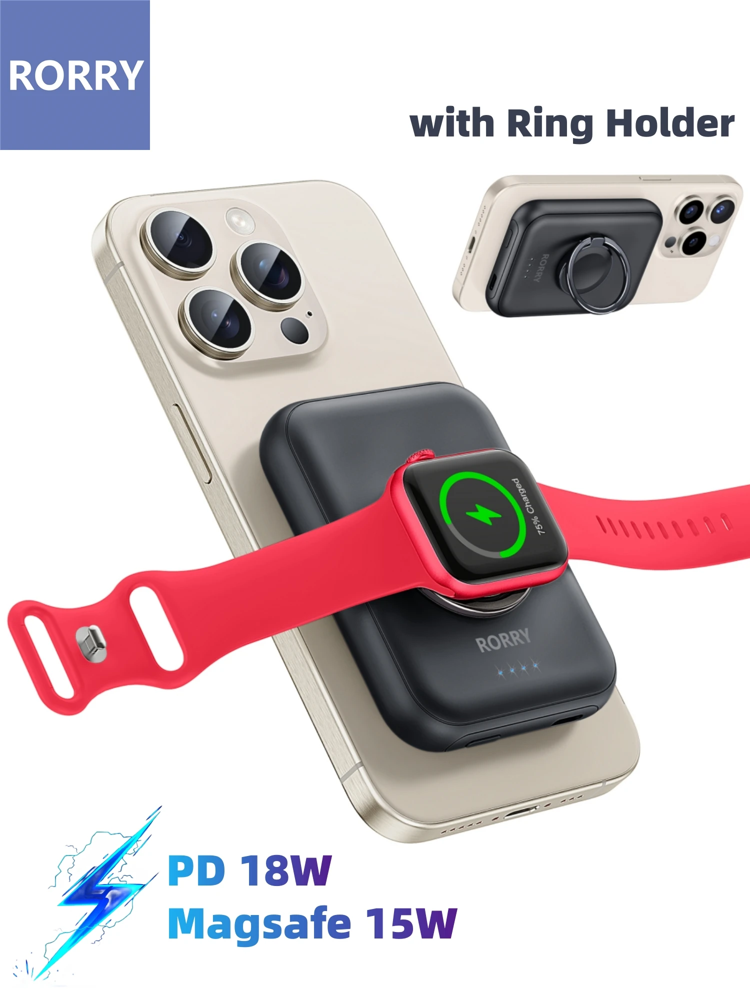 

RORRY 3 In 1 Portable Wireless Charger for Apple Watch Airpods Pro Compact 5000mAh Power Bank with Ring Stand Charge for iPhone