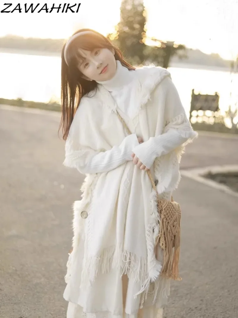 

ZAWAHIKI Solid Color Tassel Loose Casual Knitted Cardigan Japanese Sweet Hoodies Spring Autumn White Shawl Korean Fashion Tops