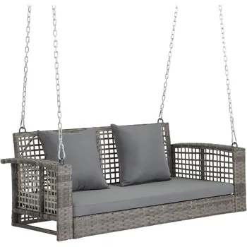 4FT Wicker Hanging Porch Swing for 2 with Cushion & Chains 1