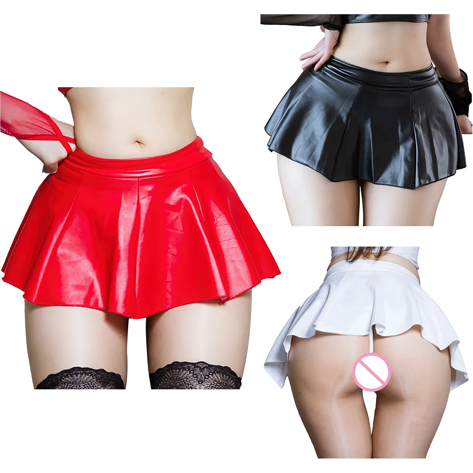 Womens Wetlook Sexy Skirt PU Leather Ruffle A-line Skirt Lingerie Nightwear Miniskirt for Party Club Music Festival Pole Dancing 2