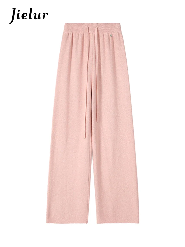 Jielur Knitted Lace-up High Waist Women Pants Simple Fashion Streetwear Straight Loose Casual Solid Color Female Wide Leg Pants