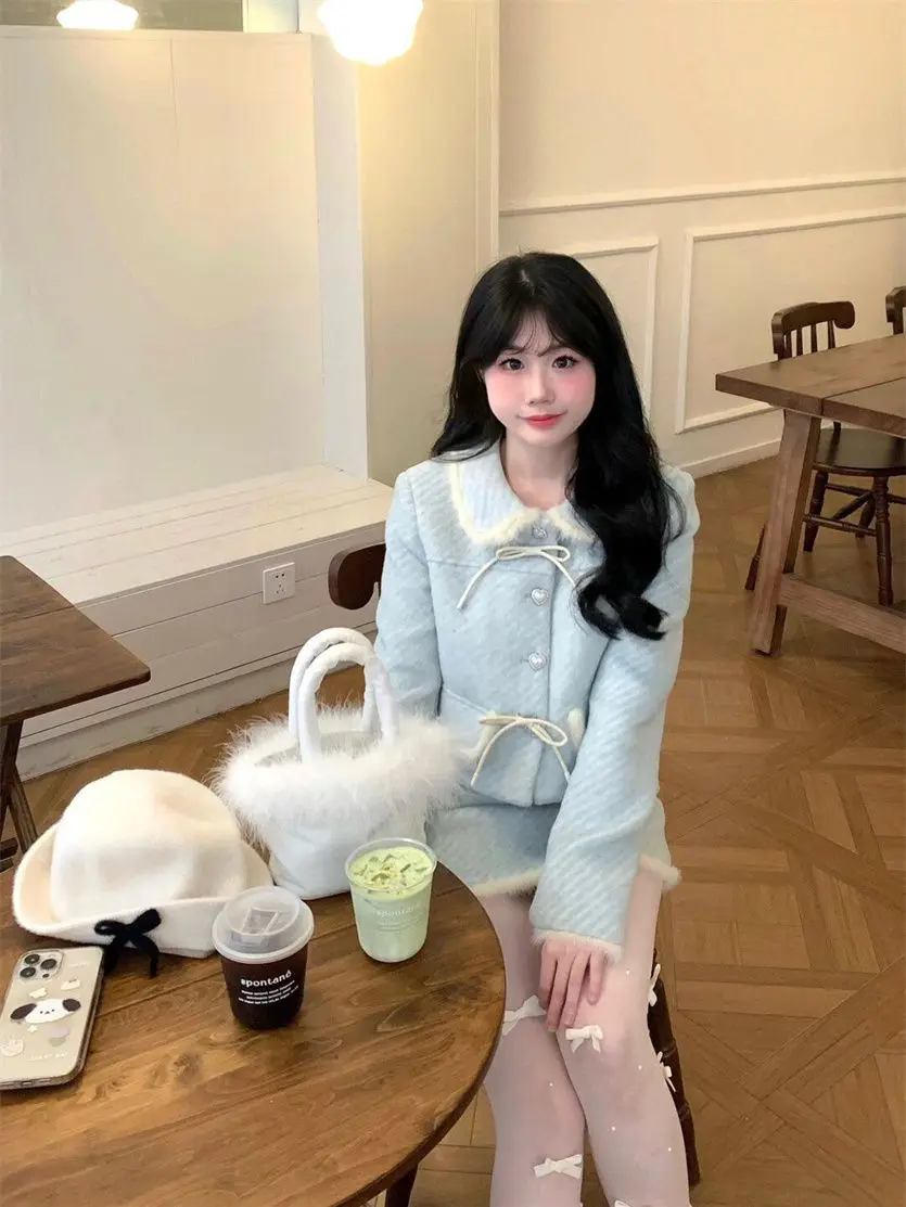 

Korean Sweet Doll Collar Woolen Coat A-line Skirt Two-piece Set Women Fashion Plush Splice Bow Single Breasted Gentle Slim Suit